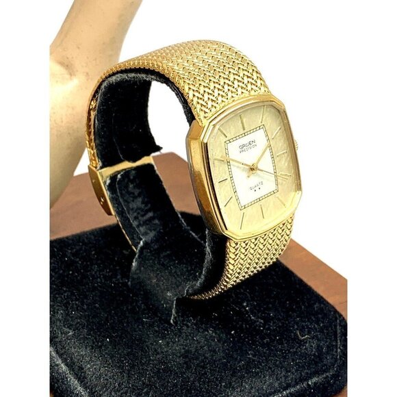 Gruen Unisex Watch 2 Star Quartz Gold Dial Rectangular Mesh Stainless St… - Picture 12 of 12